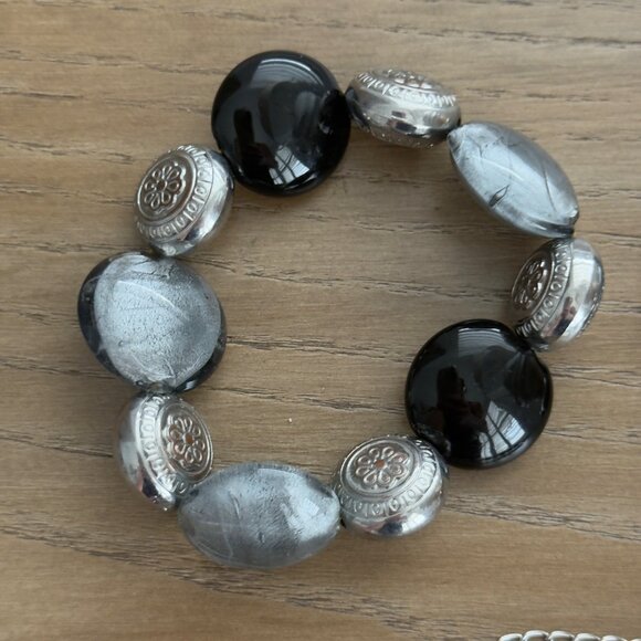 Vtg Chunky Gunmetal Black Silver Beaded Necklace Matching Set Stretch Bracelets - Picture 2 of 16